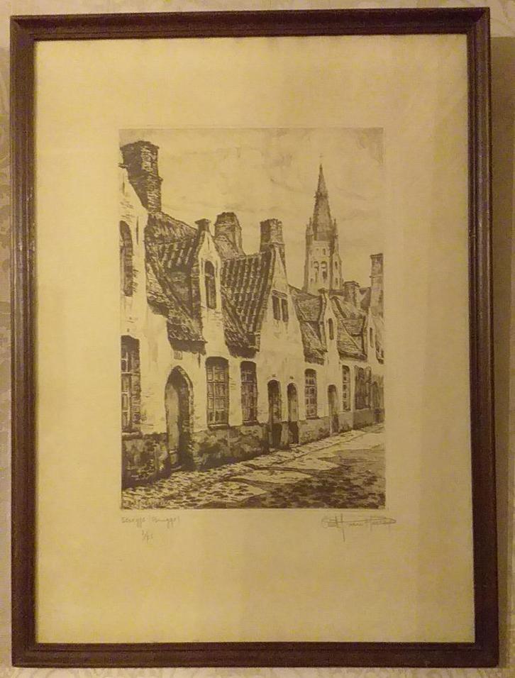 Ets Antoon Jules Van Hoecke - steegje te Brugge - Nr. 3/75, Antiek en Kunst, Kunst | Etsen en Gravures, Ophalen of Verzenden