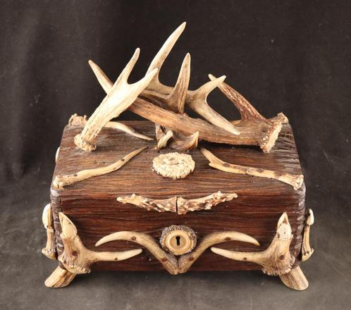 Black Forest kist met gewei decoratie, Antiek en Kunst, Antiek | Overige Antiek, Ophalen of Verzenden