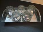 5 glazen theelichten op metalen schaal. Samen voor 8 €, Diversen, Kerst, Ophalen of Verzenden, Zo goed als nieuw
