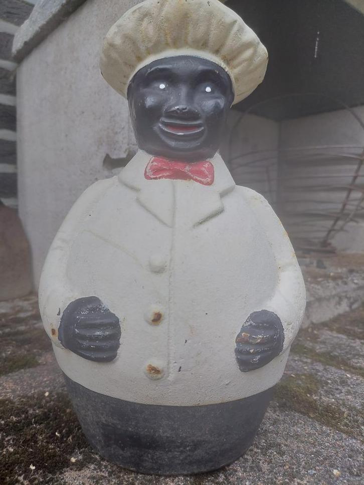 Antieke gietijzeren spaarpot zwarte chef kok/bakker 1920XXL, Verzamelen, Spaarpotten, Gebruikt, Overige thema's, Overige materialen