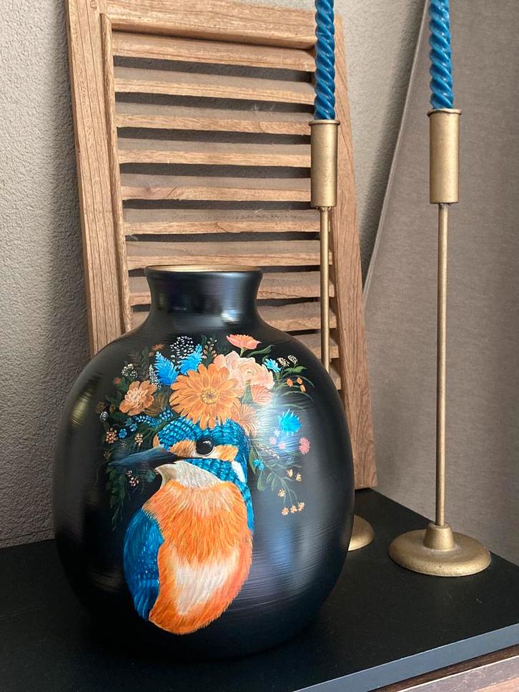 Unieke Handbeschilderde Vaas Ijsvogel ByJ&S, Huis en Inrichting, Woonaccessoires | Vazen, Nieuw, Minder dan 50 cm, Glas, Ophalen of Verzenden