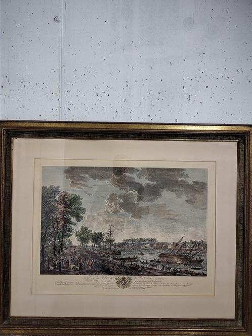 Gravure Port de Bayon handgekleurd 1764, Antiek en Kunst, Kunst | Etsen en Gravures, Ophalen