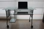 Design Computertafel in mat glas met grijs metalen onderstel, Huis en Inrichting, Met wielen, Zo goed als nieuw, Ophalen, Bureau