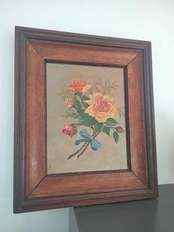 1930s brocante schilderij op paneel bloemen romantisch rozen beschikbaar voor biedingen