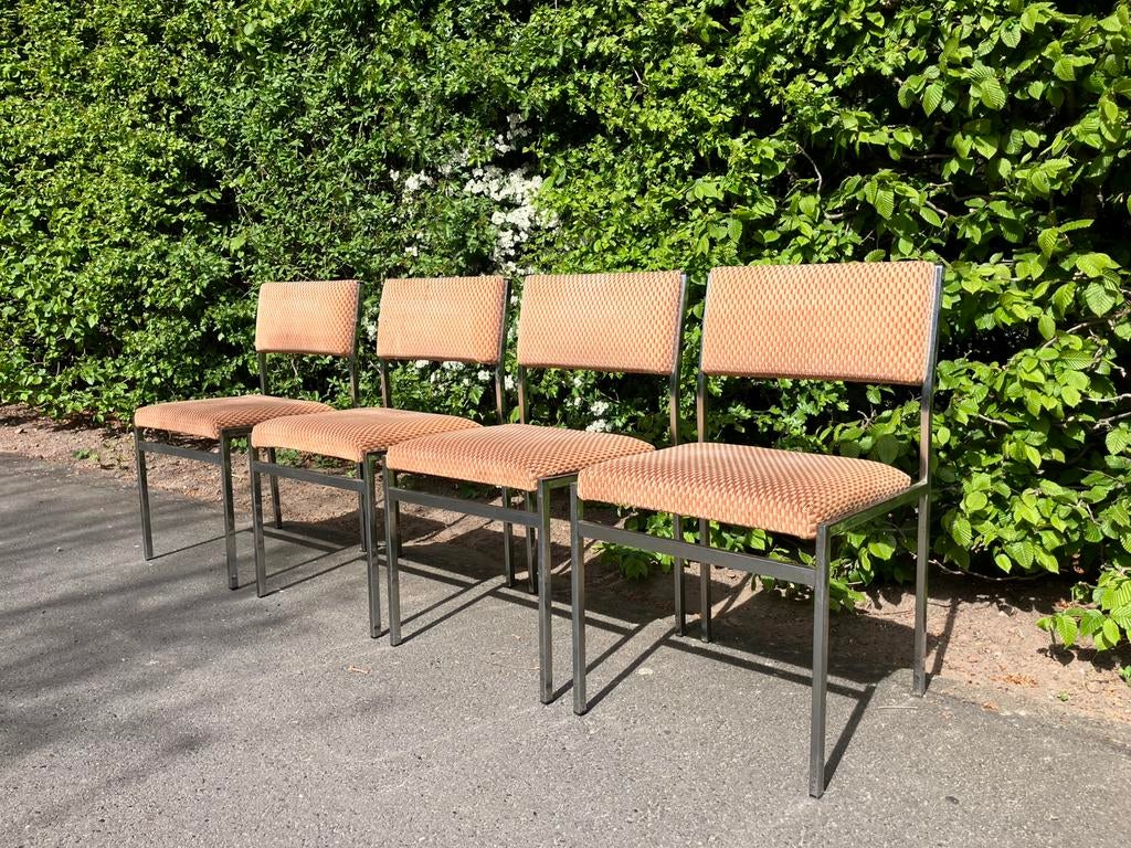 4 vintage chromen stoelen, Huis en Inrichting, Stoelen, Gebruikt, Vier, Metaal, Stof, Ophalen