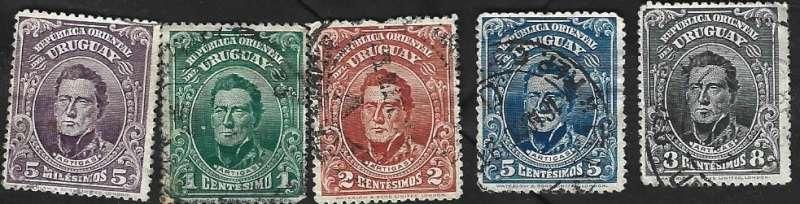 5 Postzegels Uruguay 1910 José Artigas, Ophalen of Verzenden, Gestempeld, Zuid-Amerika