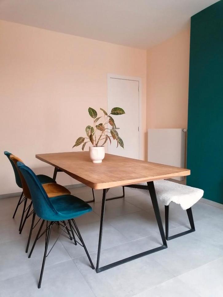 Houten eettafel 2m + bank en stoelen – eetkamerset, Huis en Inrichting, Tafels | Eettafels, Gebruikt, 50 tot 100 cm, 150 tot 200 cm