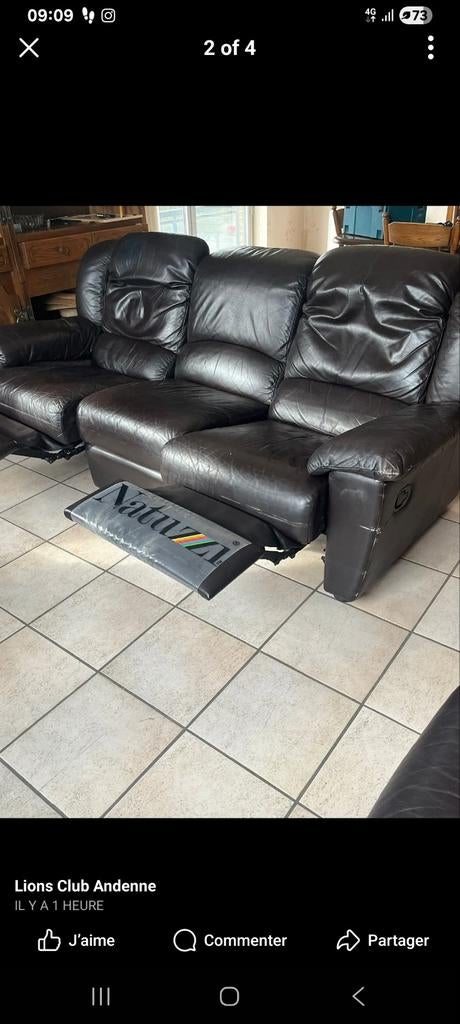 3-zits leren bank waarvan 2 met voetsteun, Ophalen, Zo goed als nieuw, Leer, Moderne