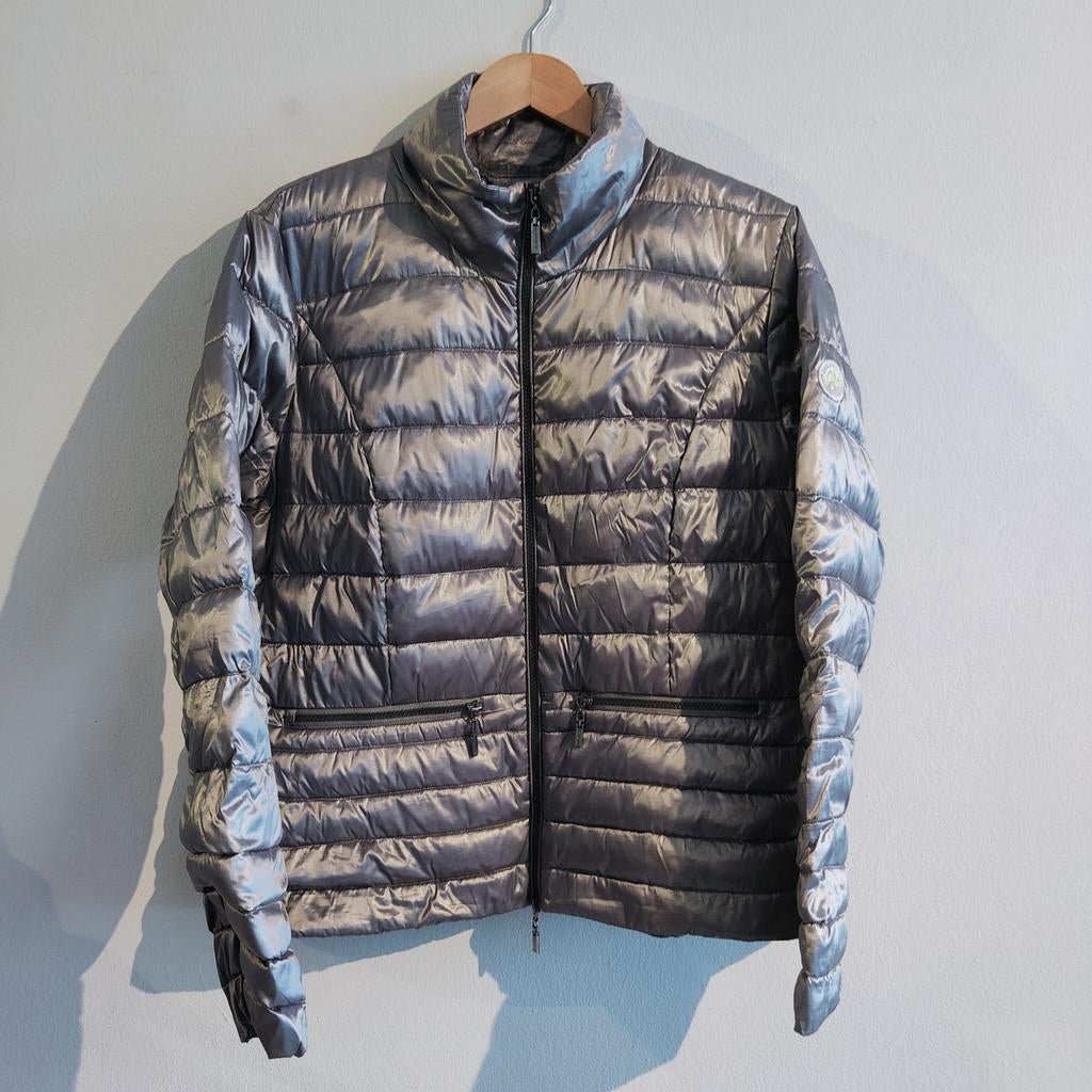 Zilverkleurig elektrisch grijs pufferjack tussenseizoen, Kleding | Dames, Jassen | Winter, Gedragen, Maat 42/44 (L), Grijs, Ophalen of Verzenden