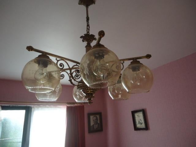 LAATSTE AFPRIJZING: luchter met 6 lichtpunten, Huis en Inrichting, Ophalen, Gebruikt, Glas