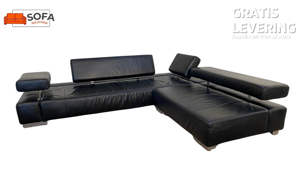 Bruhl Zwarte Lederen Hoekzetel –  Gratis Levering BE, 125 tot 150 cm, Hoekbank, Leer, Ophalen of Verzenden