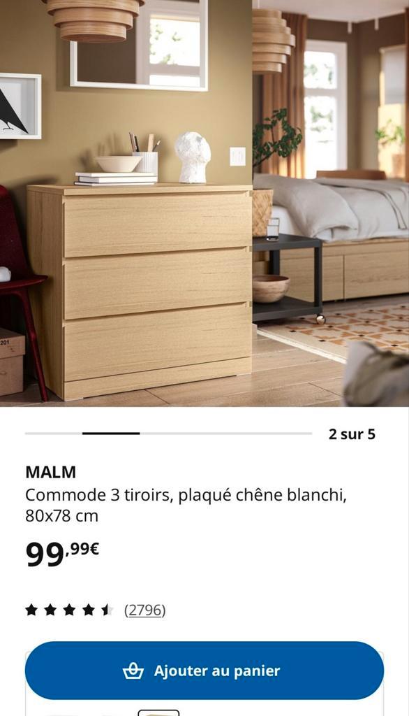 Commode Ikea malm 3 tiroirs plaqué chêne, Maison & Meubles, Chambre à coucher | Chambres à coucher complètes, Enlèvement
