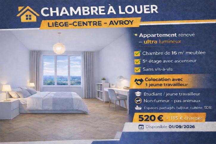 Liège centre Chambre meublée dans petite colocation, Immo, Appartements & Studios à louer