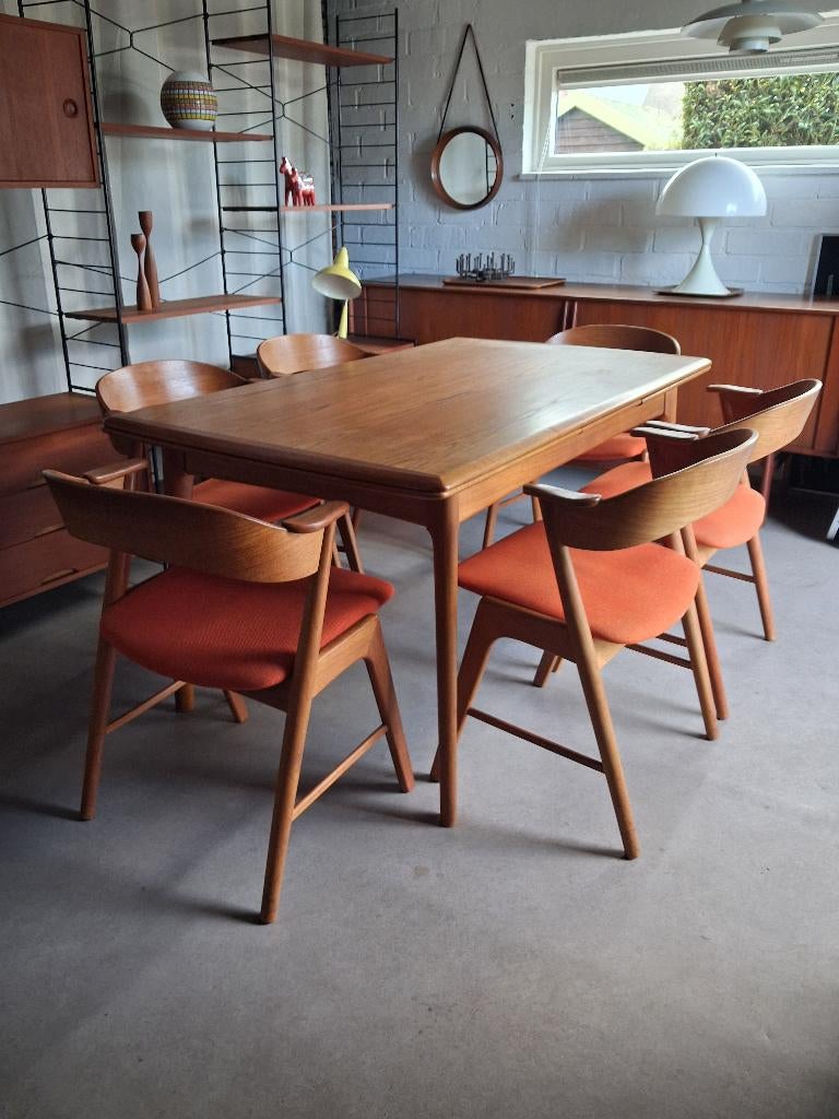 Svend Aage Madsen eettafel 6 Kristiansen stoelen retro teak, Huis en Inrichting, Tafels | Eettafels, Gebruikt, 50 tot 100 cm, 100 tot 150 cm