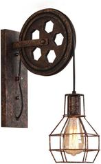Industriële Katrol Wandlamp – Metaal en Hout - Loft Stijl, Ophalen of Verzenden, Nieuw, Hout