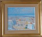 JAN HUET / STRANDZICHT / OLIEVERF PAPIER / 80x90cm KADER SIG, Ophalen