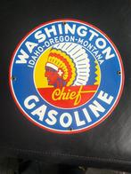 EMAILLE RECLAMEBORD ( N°8 ) Washington Gasoline met Indiaan, Ophalen of Verzenden, Zo goed als nieuw, Reclamebord