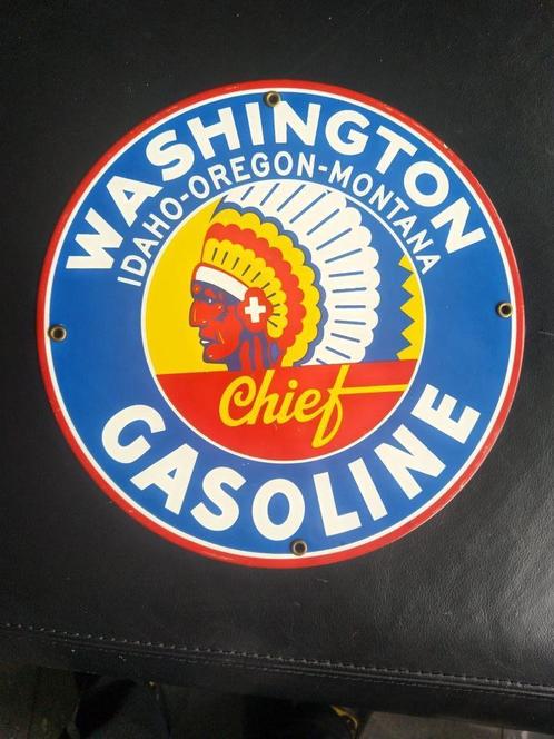 EMAILLE RECLAMEBORD ( N°8 ) Washington Gasoline met Indiaan, Verzamelen, Merken en Reclamevoorwerpen, Zo goed als nieuw, Reclamebord
