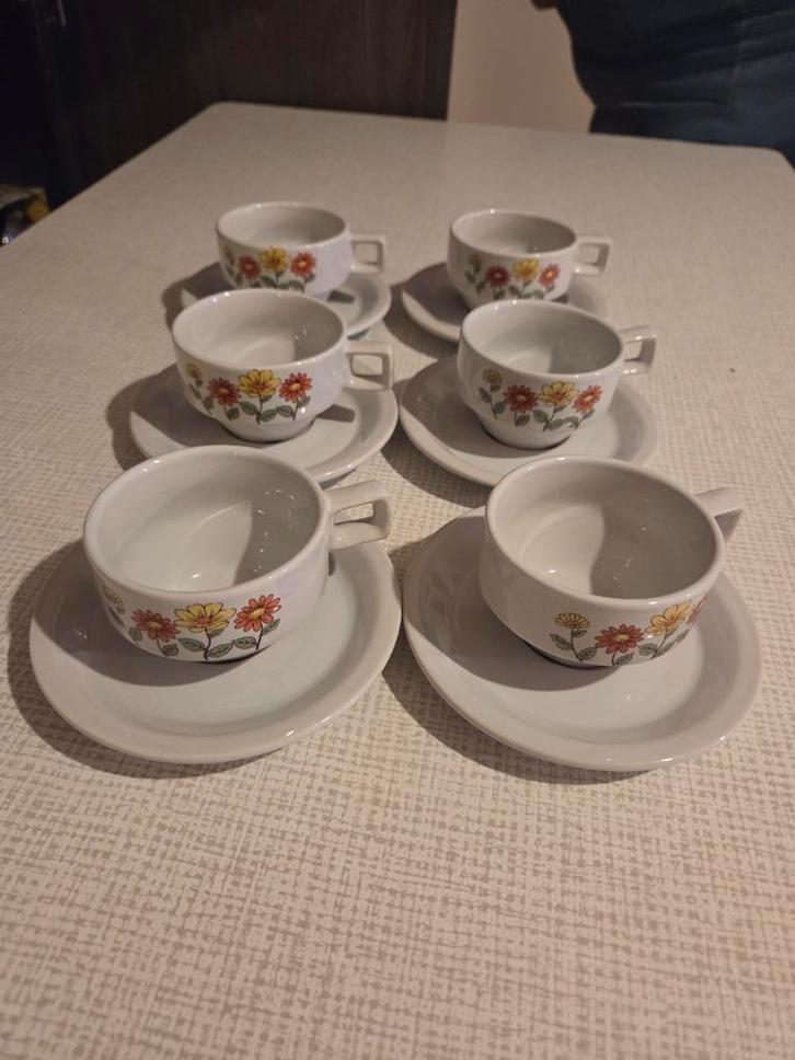 Vintage 70's mokka kopjes + bordjes., Antiek en Kunst, Antiek | Servies compleet, Ophalen of Verzenden