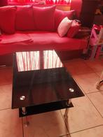 Zwarte glazen glittertafel met roestvrijstalen voet, Huis en Inrichting, Ophalen of Verzenden, Glas