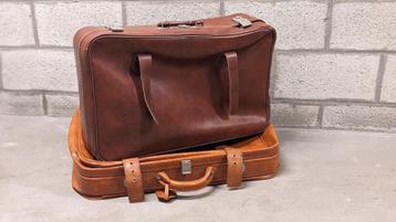 Lot de 2 anciennes valises vintage en cuir marron (voyage dé beschikbaar voor biedingen