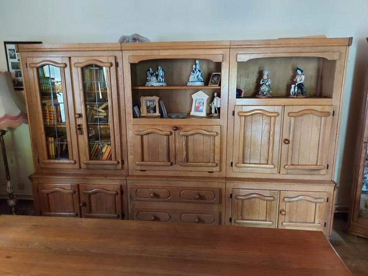 Complete eiken eetkamer + vitrinekast + barkast + 6 stoelen, Huis en Inrichting, Complete inboedels, Ophalen