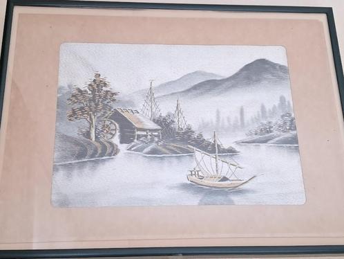 geborduurd schilderijtje, Japanse stijl, Huis en Inrichting, Woonaccessoires | Schilderijen, Tekeningen en Foto's, Gebruikt, Overige typen
