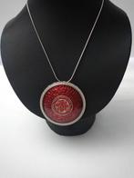 Collier vintage en argent avec grand pendentif rond, Avec pendentif, Synthétique, Rouge, Enlèvement ou Envoi