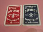 2 oude speelkaarten Likeurstokerij Defoirdt , Wortegem (187), Verzamelen, Ophalen of Verzenden, Zo goed als nieuw, Speelkaart(en)