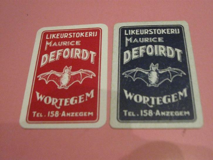 2 oude speelkaarten Likeurstokerij Defoirdt , Wortegem (84), Verzamelen, Speelkaarten, Jokers en Kwartetten, Zo goed als nieuw