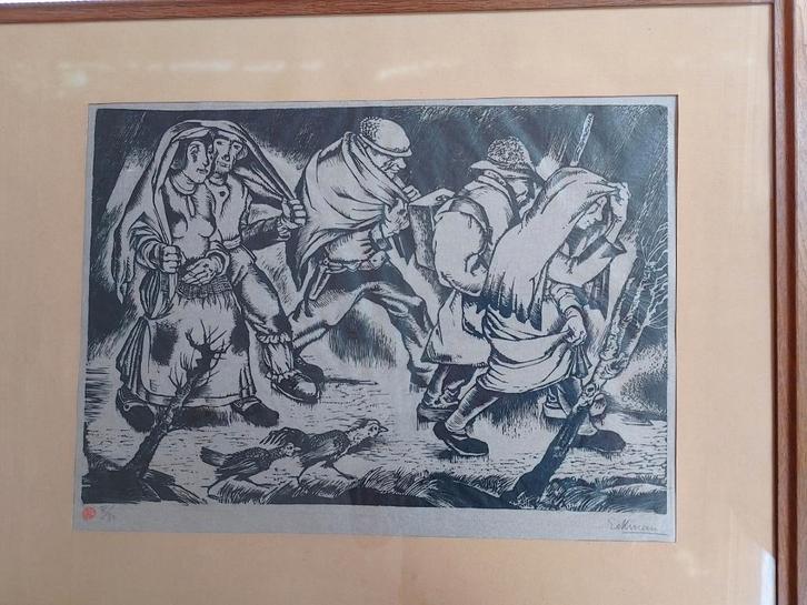 Nico Eekman  1889 - 1973  Houtsnede Gezelschap, Antiek en Kunst, Kunst | Etsen en Gravures, Verzenden