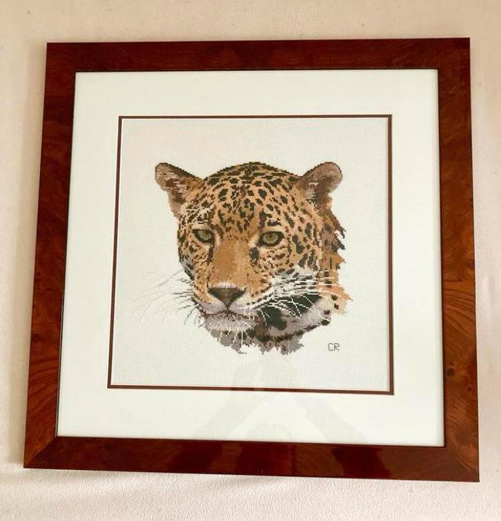 Groot Luipaard/Leopard borduurwerkje midcentury omlijsting, Verzamelen, Dierenverzamelingen, Ophalen of Verzenden