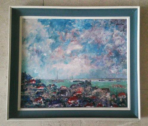 Franse ? kust met schepen - Tom van Zutven ?, Antiek en Kunst, Kunst | Schilderijen | Klassiek, Ophalen of Verzenden