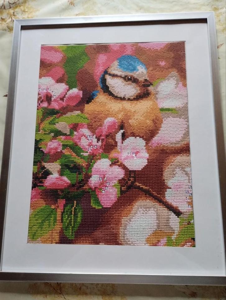 Le petit oiseau dans les fleurs encadré, Hobby en Vrije tijd, Borduren en Borduurmachines, Nieuw