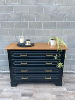 Eiken Commode / Ladekast / Vintage kast in zwart en goud, Ophalen, 100 tot 150 cm, Zo goed als nieuw, 3 of 4 laden