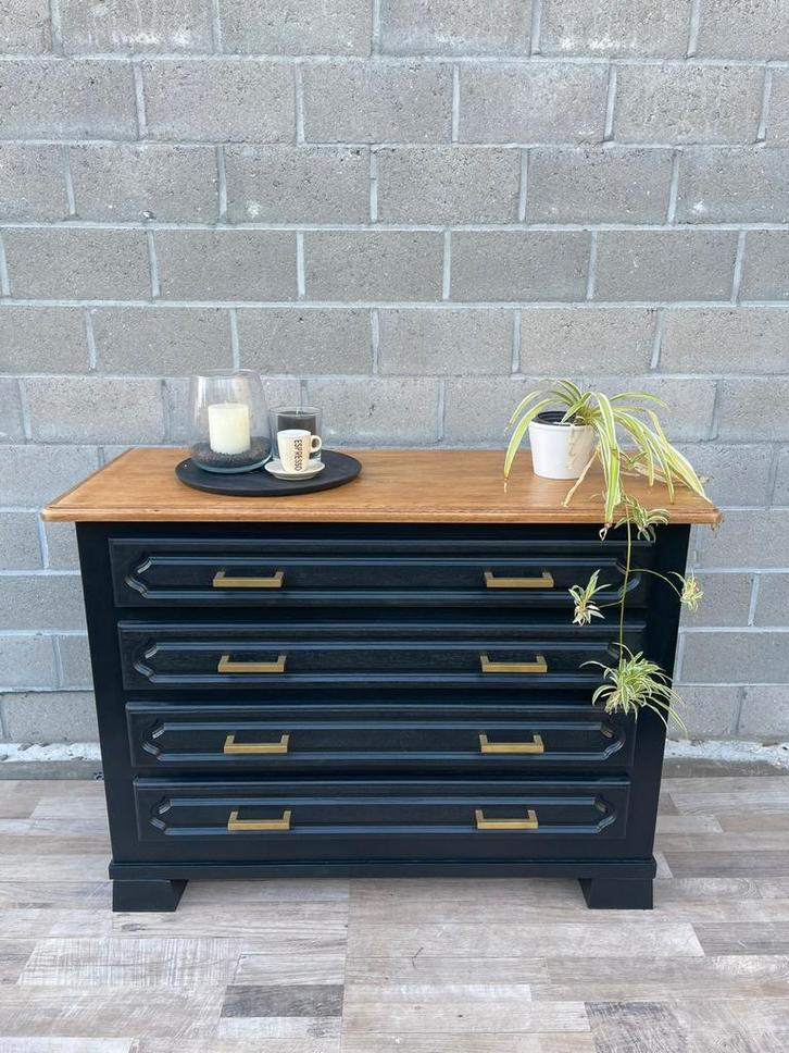 Eiken Commode / Ladekast / Vintage kast in zwart en goud, Huis en Inrichting, Kasten | Ladekasten, Zo goed als nieuw, Minder dan 100 cm