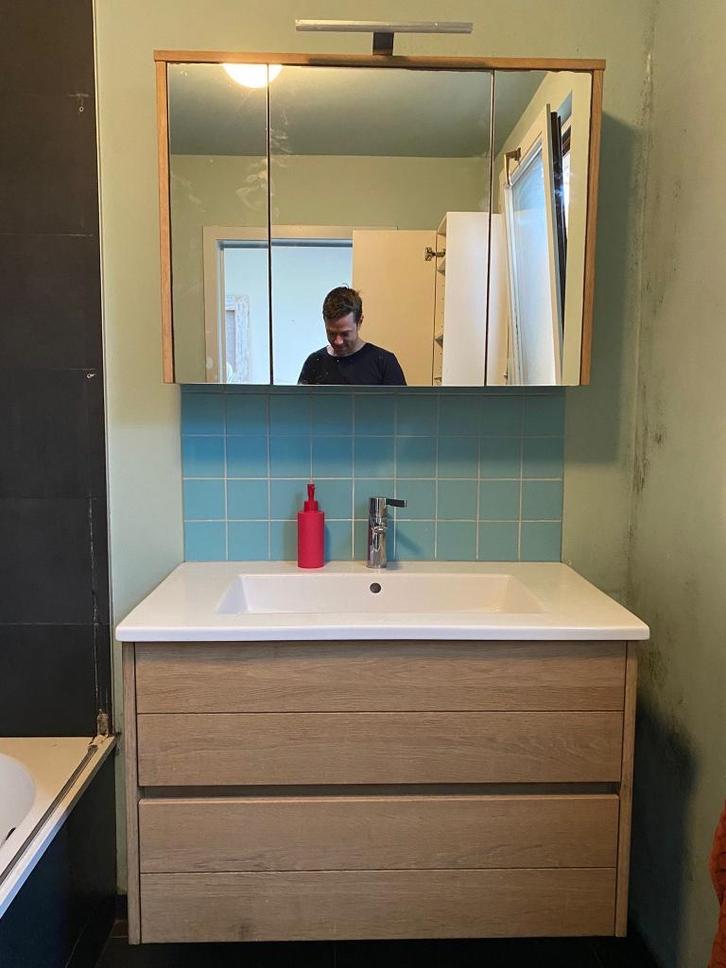 Eiken badkamermeubel en spiegelkastje DESCO, Huis en Inrichting, Badkamer | Badkamermeubels, Gebruikt, Wasbak of Wastafel, Minder dan 100 cm