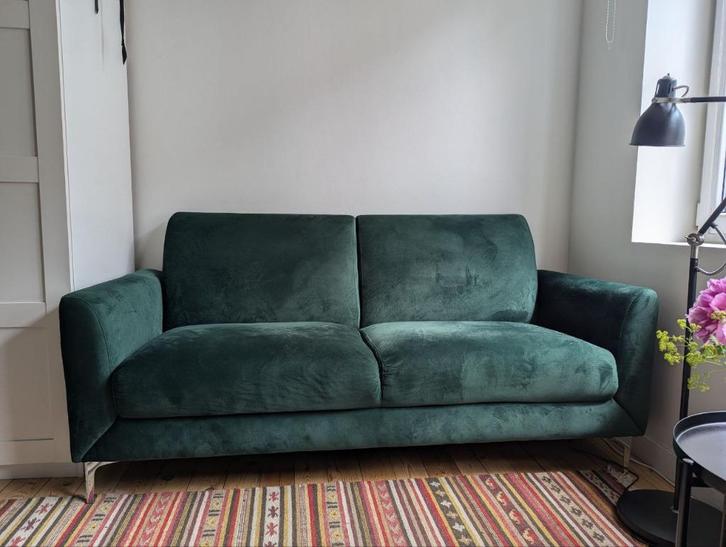 Groene fluwelen sofa / green velvet sofa, Huis en Inrichting, Zetels | Zetels, Zo goed als nieuw, Rechte bank, Driepersoons, 150 tot 200 cm