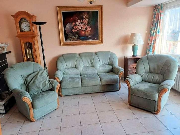 Woonkamer, slaapbank en 2 fauteuils, waarvan 1 met relaxbed, Huis en Inrichting, Zetels | Complete zithoeken, Hout, Ophalen