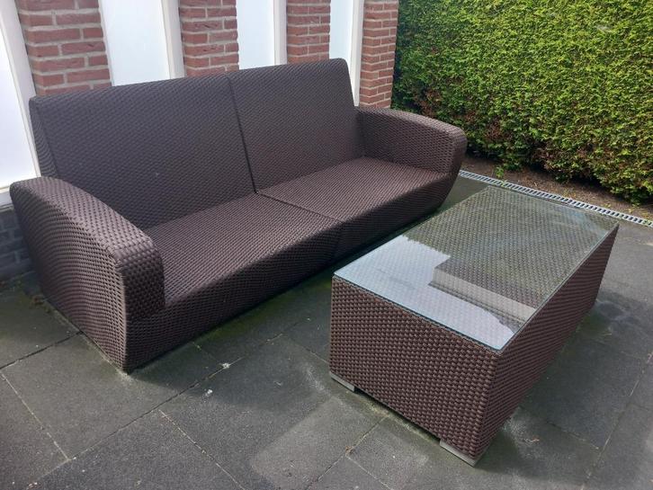 Exclusieve luxe Jati & Kebon bank + tafel met glasplaat, Tuin en Terras, Tuinbanken, Zo goed als nieuw, Ophalen