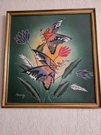 Zijde beschilderd doek ingekaderd 46 bij 49 cm, Enlèvement ou Envoi