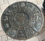 Antieke spirituele houten tafel met Zodiak reliëf & glasblad, Ophalen