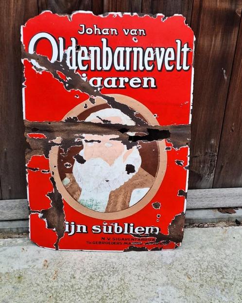 Antiek emaille bord, Johan van Oldenbarnevelt sigaren, Verzamelen, Merken en Reclamevoorwerpen, Gebruikt, Reclamebord, Ophalen of Verzenden