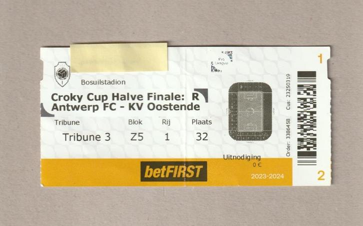 ticket halve finale Croky Cup Antwerp - Oostende, 29/02/2024, Verzamelen, Sportartikelen en Voetbal, Gebruikt, Overige typen, Ophalen of Verzenden