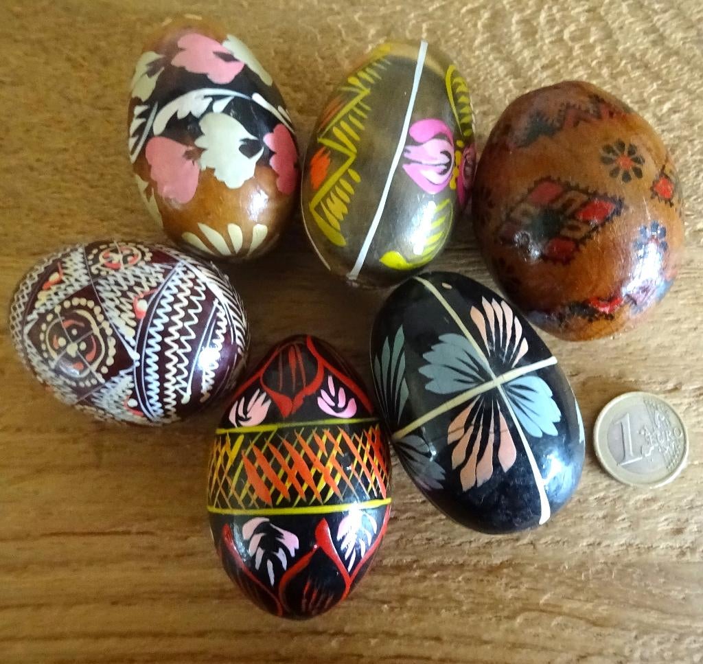 Set vintage houten handbeschilderde Pysanky paaseieren, Diversen, Pasen, Gebruikt, Ophalen of Verzenden