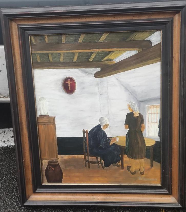 huile sur toile interieur de maison signe marcel timmermans, Antiek en Kunst, Kunst | Schilderijen | Klassiek, Ophalen of Verzenden