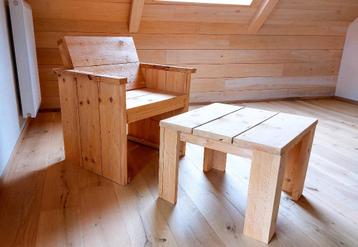 Steigerhouten stoel met tafeltje / voetbank
