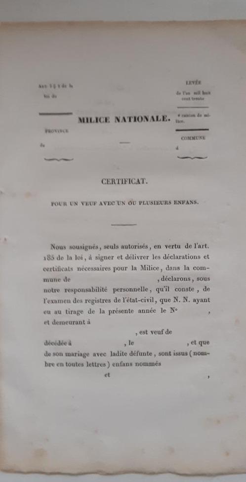 1830+Belgische nationale milicia+certificaat+militarisering, Verzamelen, Militaria | Algemeen, Landmacht, Overige typen, Ophalen of Verzenden