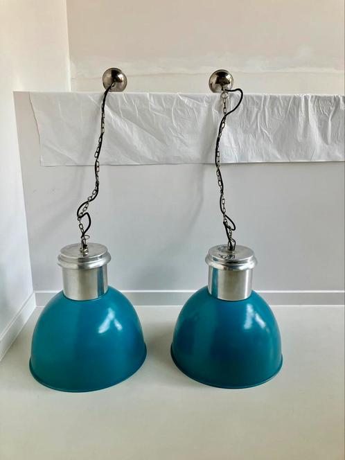 Stoere blauwe hanglampen industrieel, Maison & Meubles, Lampes | Suspensions, Utilisé, Métal, Enlèvement ou Envoi