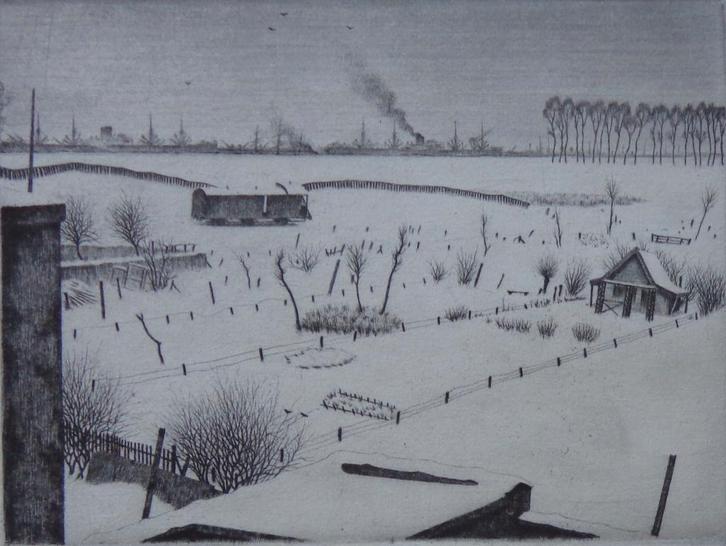 JACQUES GORUS / WINTER IN SINT-ANNEKE / ZW-W ETS / 27x35cm, Antiek en Kunst, Kunst | Etsen en Gravures, Ophalen of Verzenden